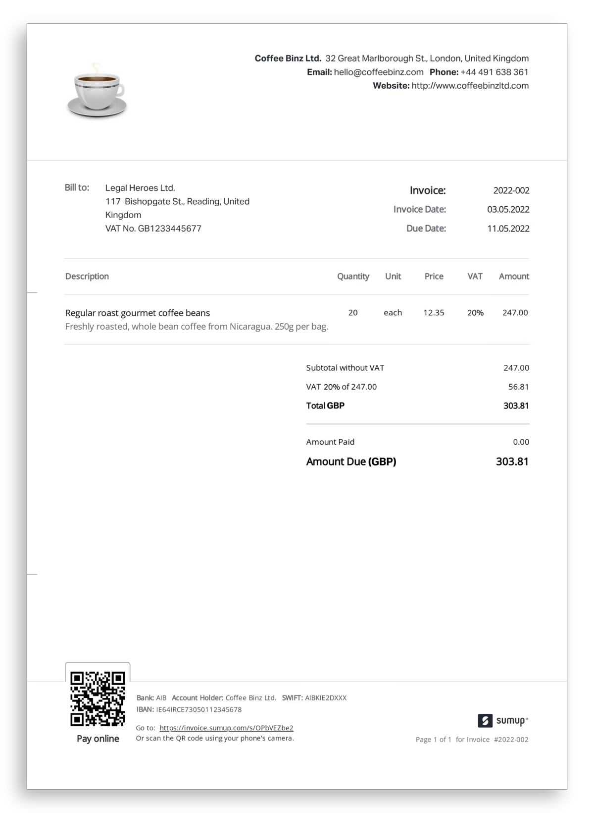 Sample invoice for coffee shop