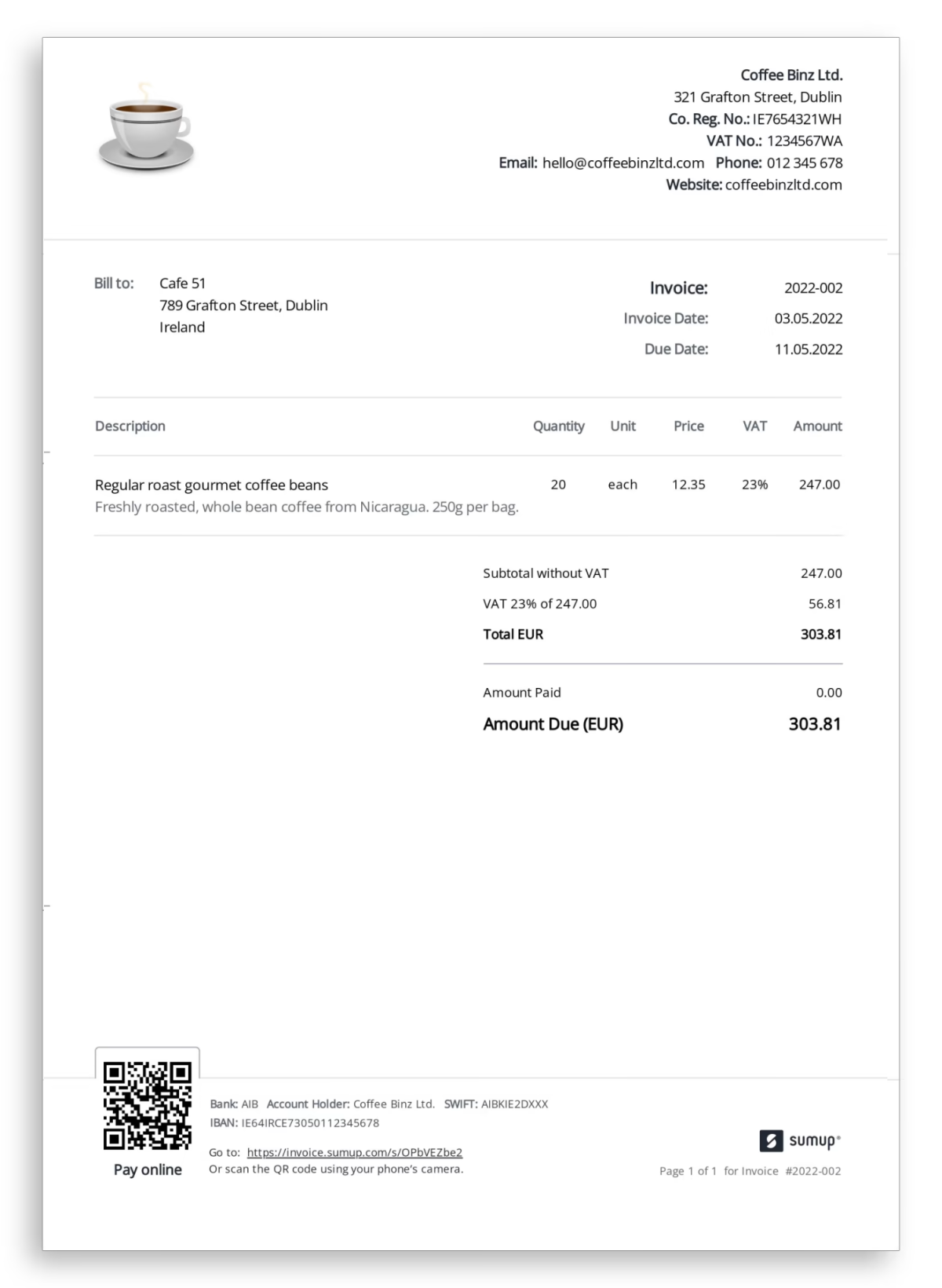 Sample invoice for coffee shop