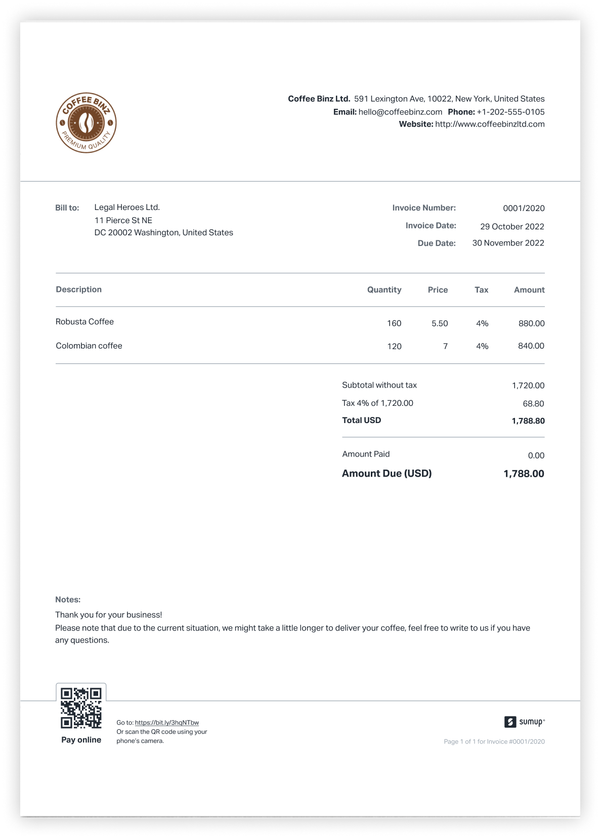 Sample invoice for coffee shop