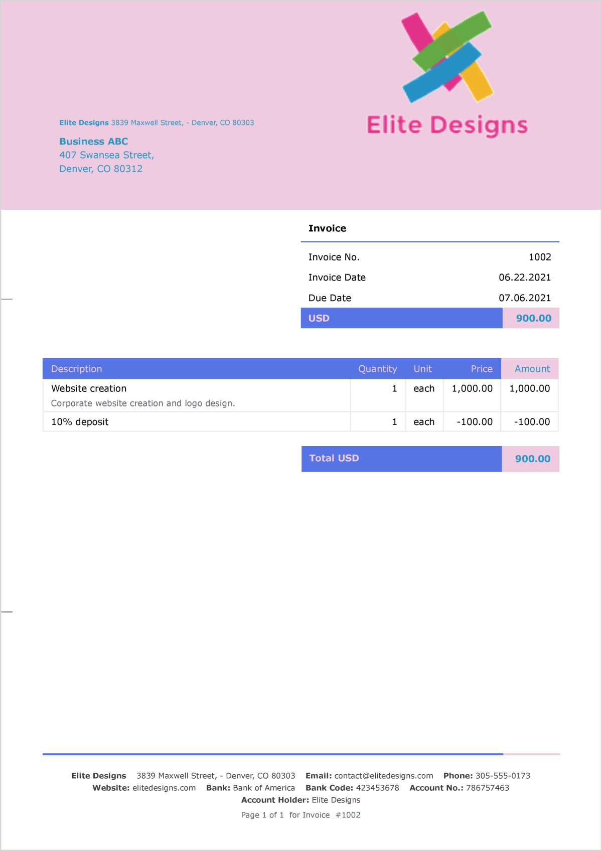 Example of a final invoice including a deposit.