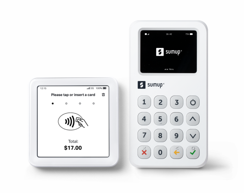 Payments made via a card reader like the one shown in this image, in person, via an online payment link sent with an invoice, and more - can all be managed in one place with SumUp.