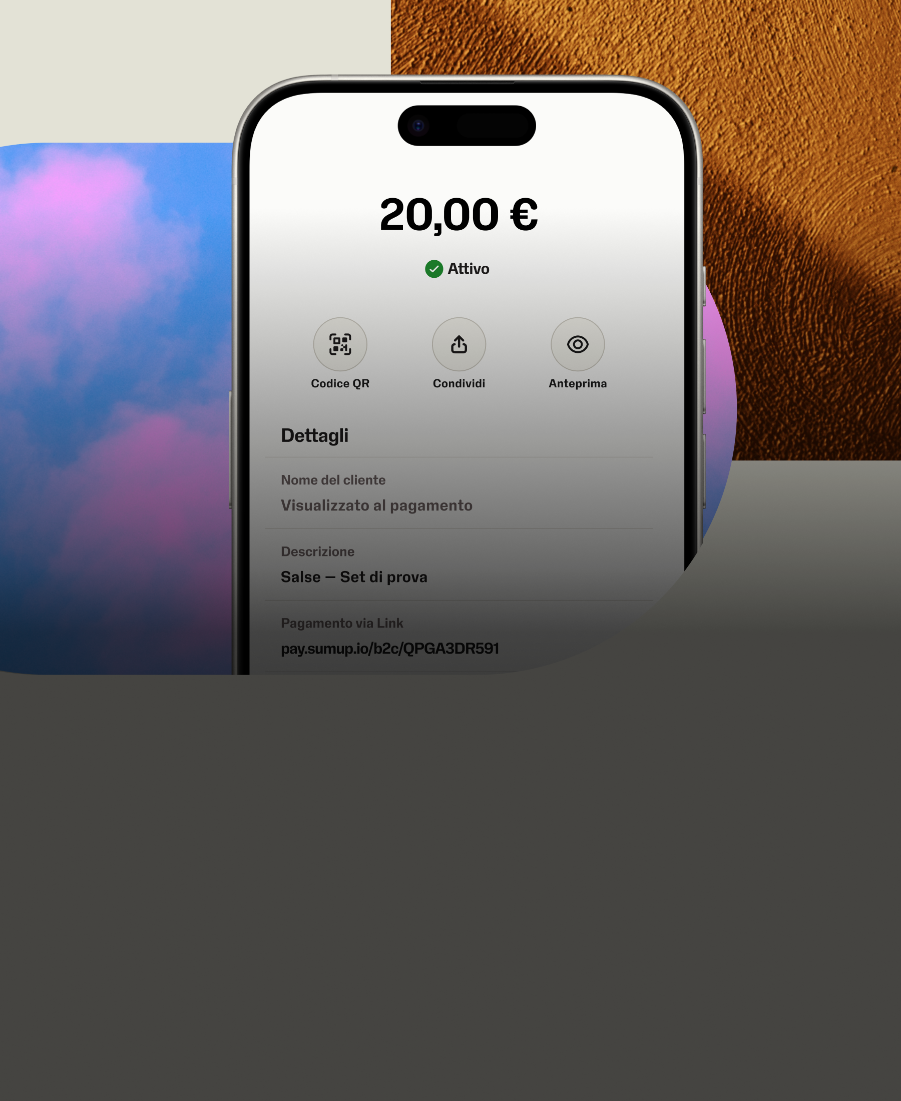 Schermata dell’app SumUp che mostra come funziona Pagamenti via Link.