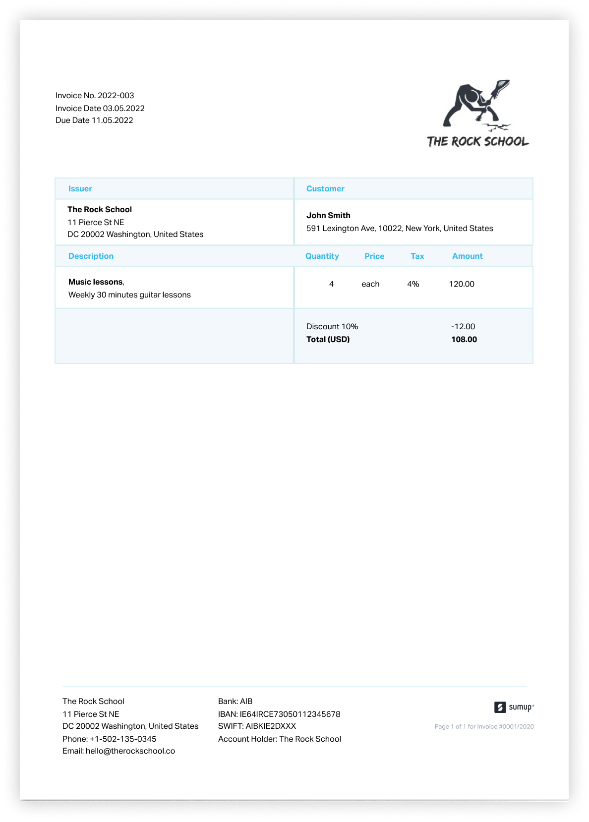 Sample music school invoice