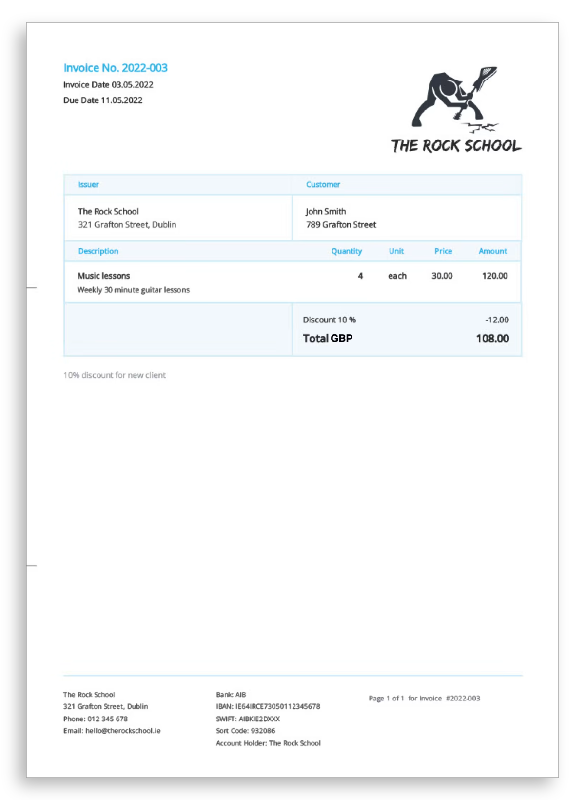 Sample music school invoice