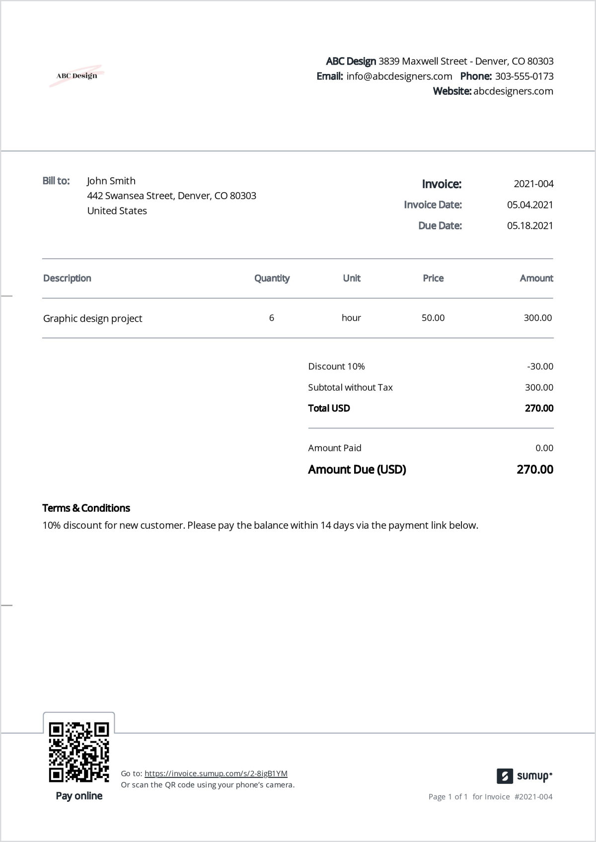 Sample invoice including a discount. 