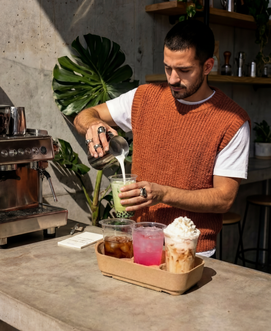 Image showing a person wearing a knitted orange vest pouring milk into a matcha drink. Other iced drinks are on the counter in front