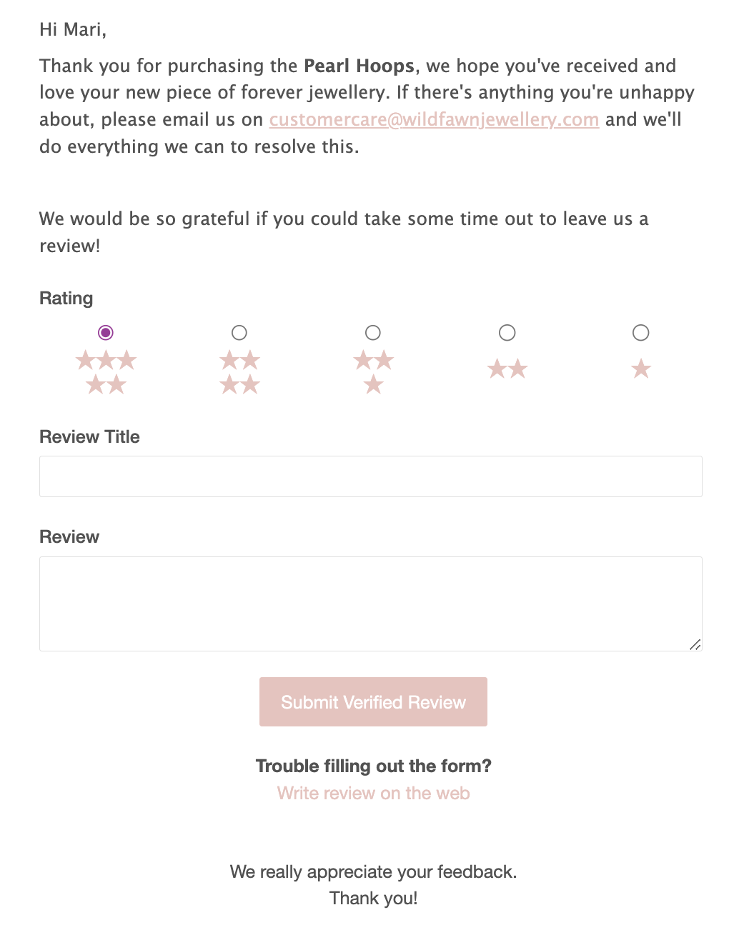 Wild Fawn email review example - how to ask customer for review