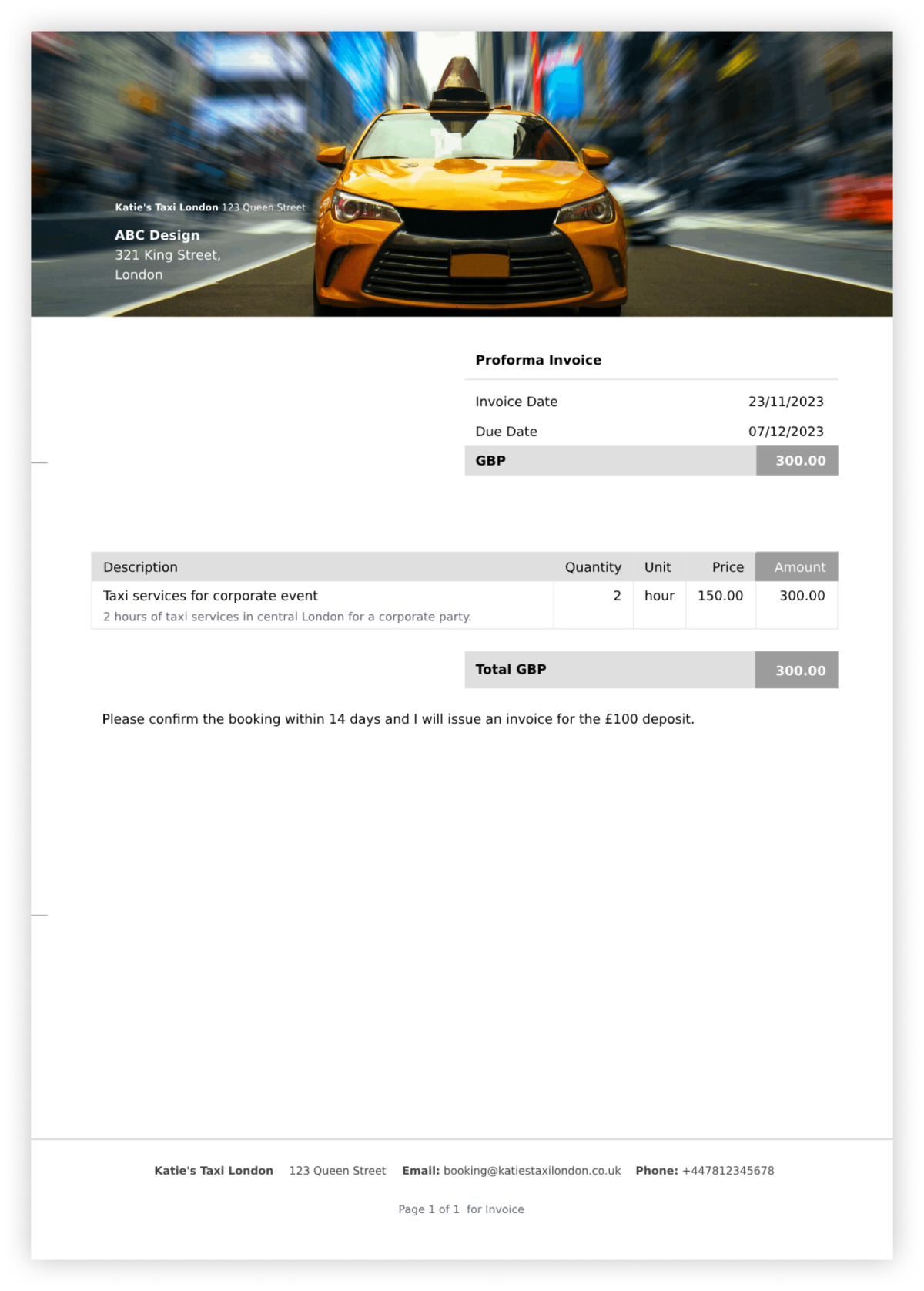Sample proforma invoice for a taxi company in London with all of the required proforma invoice fields. Created with SumUp Invoices.