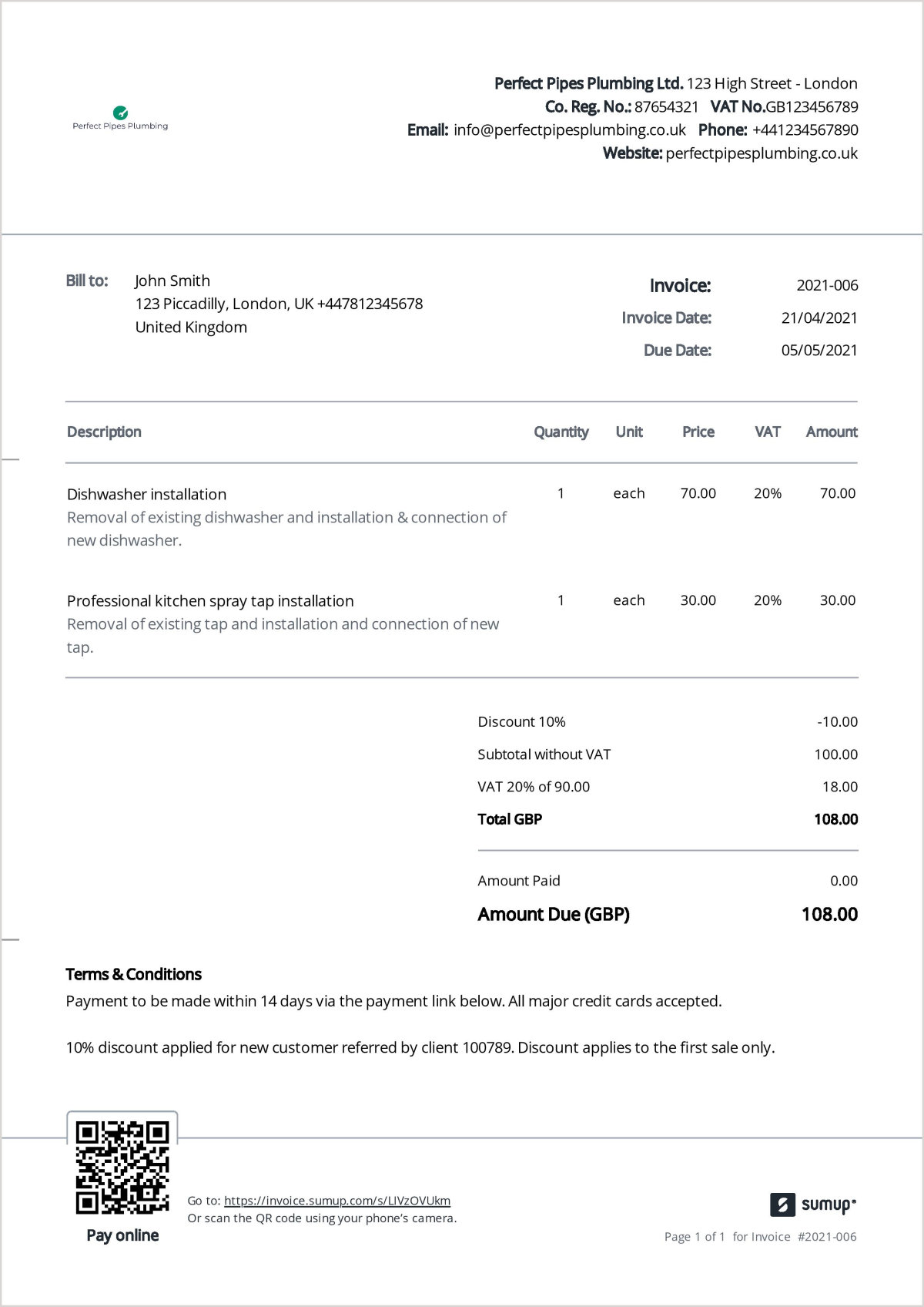Example invoice with payment terms. The invoice explains the discount rules and that payment should be made within 14 days via a payment link on the invoice.