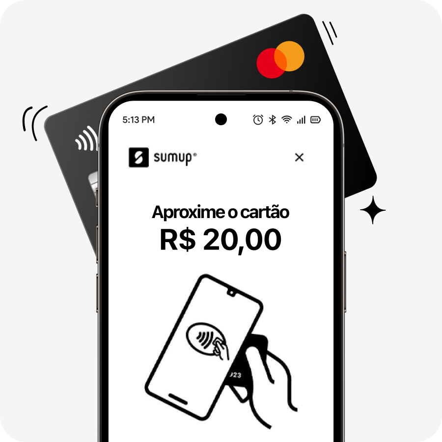 Tela de celular mostra o aplicativo da SumUp com a função Tap to Pay passando uma venda por cartão de 20 reais por aproximaçã