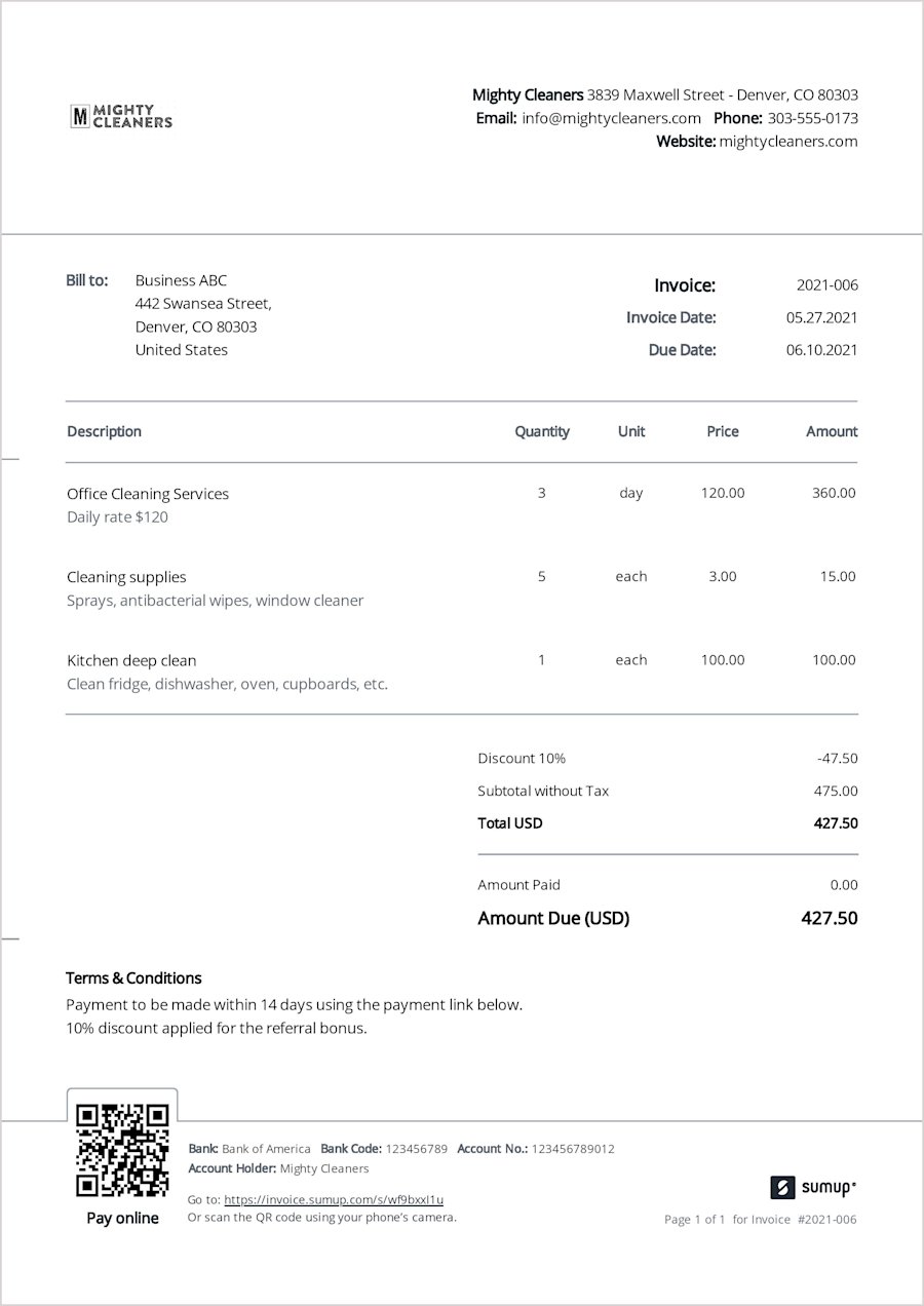 Invoice Templates for Cleaning Services SumUp Invoices Invoice Templates for Cleaning Services SumUp Invoices