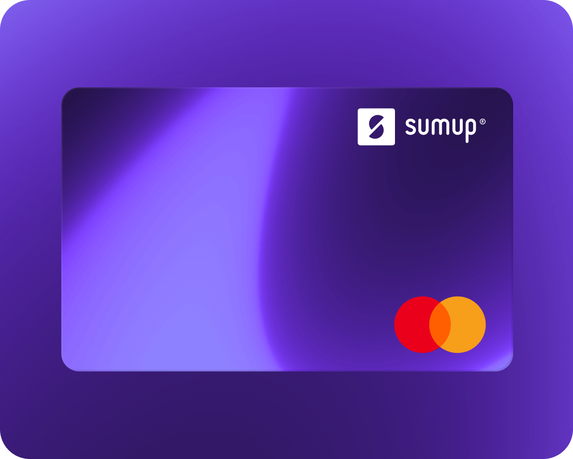 Image of a virtual debit card by SumUp Pay on a purple background.