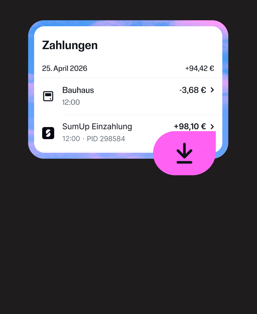 Image of a screen of the SumUp app showing outgoing transactions, surrounded by a pink and blue border