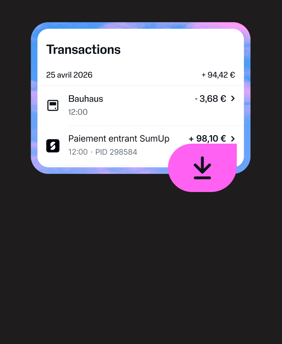 Image of a screen of the SumUp app showing outgoing transactions, surrounded by a pink and blue border