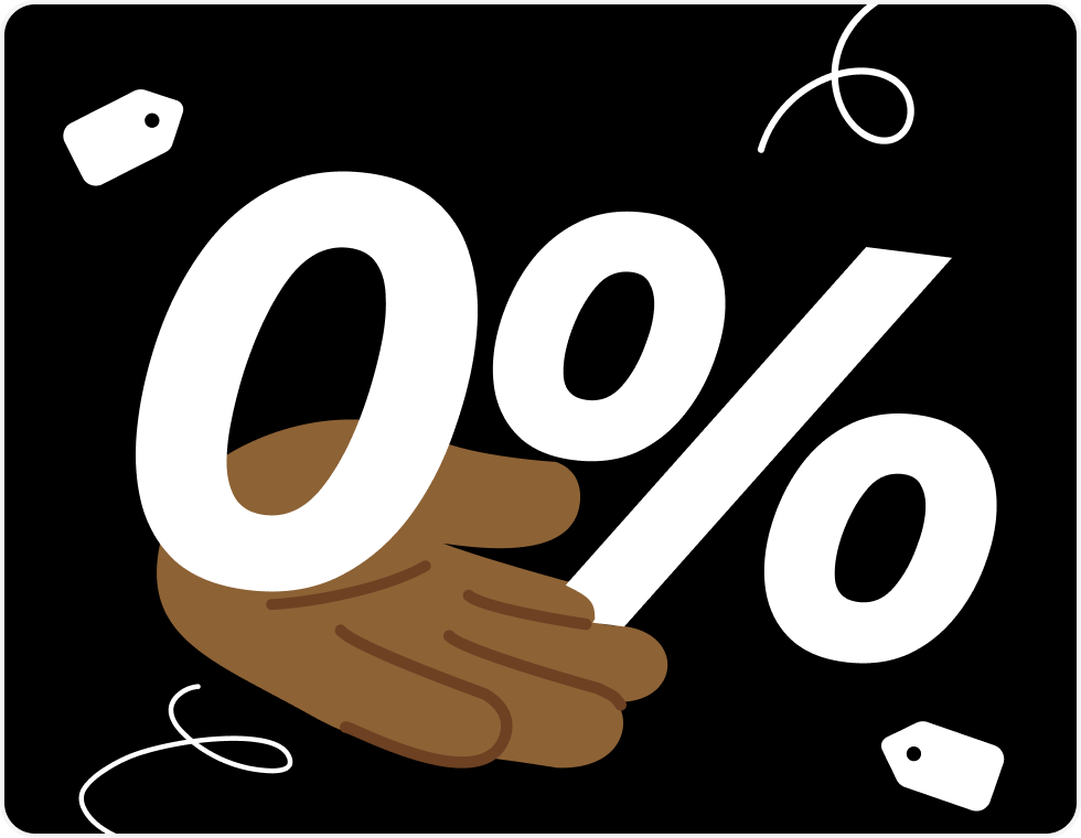 0% in big letters with a hand underneath and discount tag icons