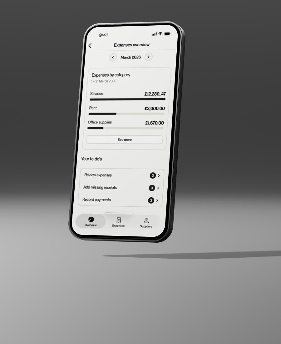 Image showing a smartphone and on the screen it shows an expenses management overview screen from the SumUp Business app showing various outgoing payments