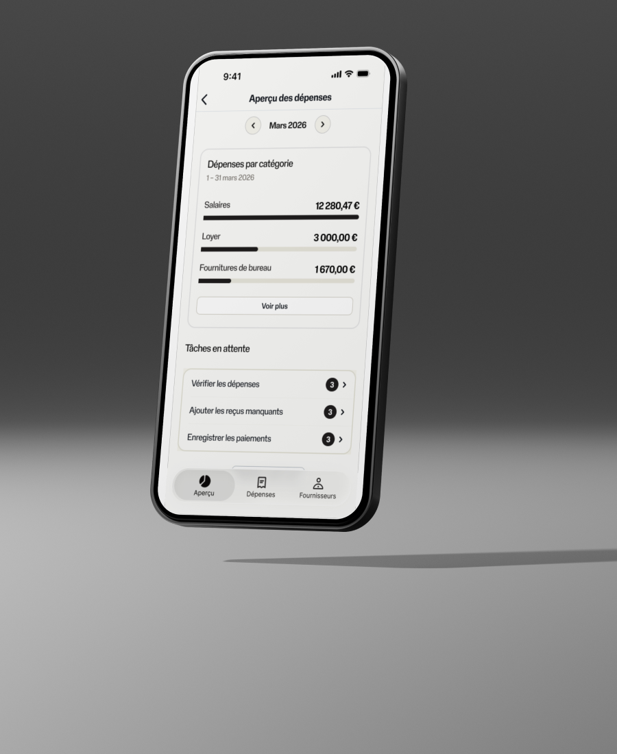 Image showing a smartphone and on the screen it shows an expenses management overview screen from the SumUp Business app showing various outgoing payments