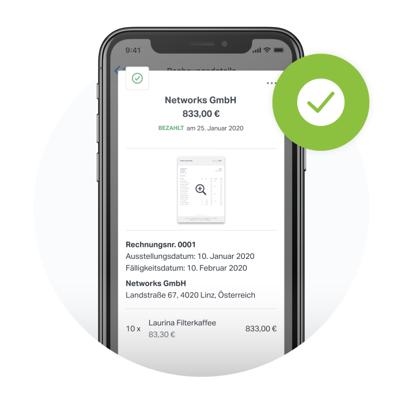 iPhone showing a finalised invoice done with SumUp Invoices with a summary of the required information.