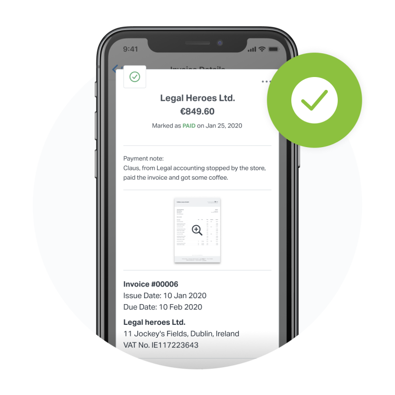 iPhone showing a finalised invoice done with SumUp Invoices with a summary of the required information.