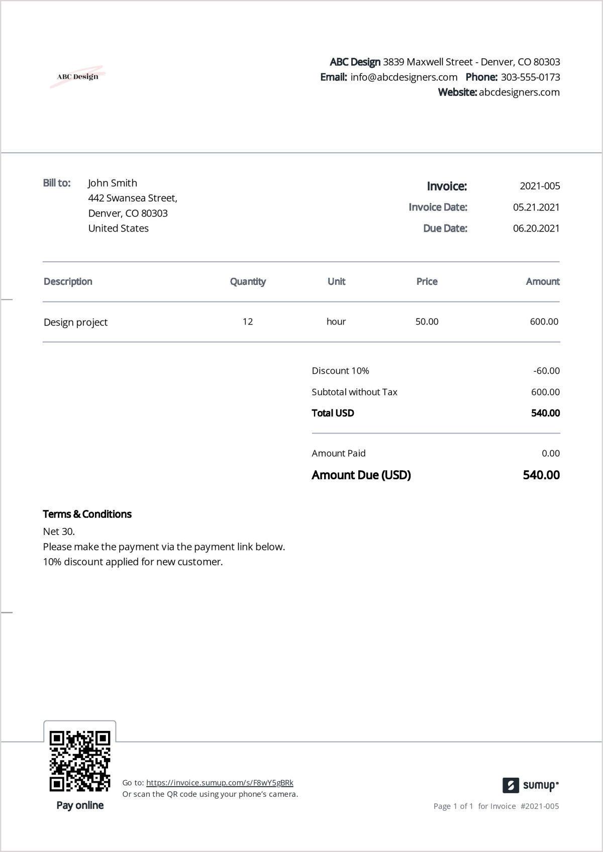 Sample invoice with payment terms