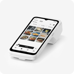 SumUp point-of-sale (POS) terminal displaying a touchscreen interface with a digital menu of food items. The compact, all-in-one card reader device is designed for small businesses to manage sales, payments, and inventory efficiently.