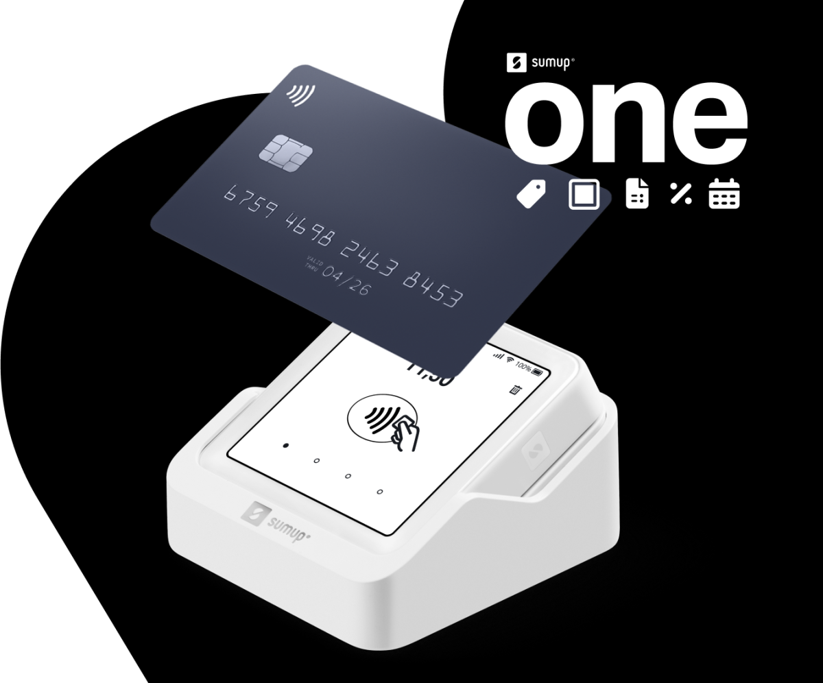 Image of a credit card tapping on a SumUp Solo card reader with the SumUp One logo in the corner.