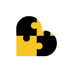 Illustration of a heart formed by yellow and black puzzles representing SumUp's global communities for neurodiversity - Neurodiversity, PCD