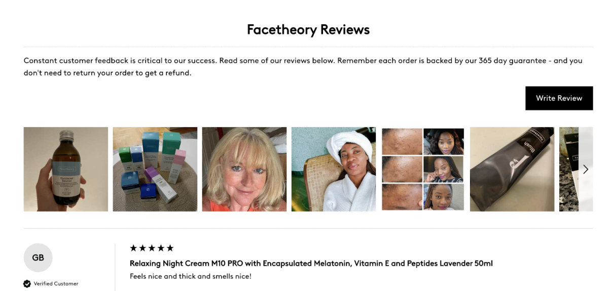 Facetheory Skincare - email marketing, special first-order discounts, and social proof through reviews and testimonials