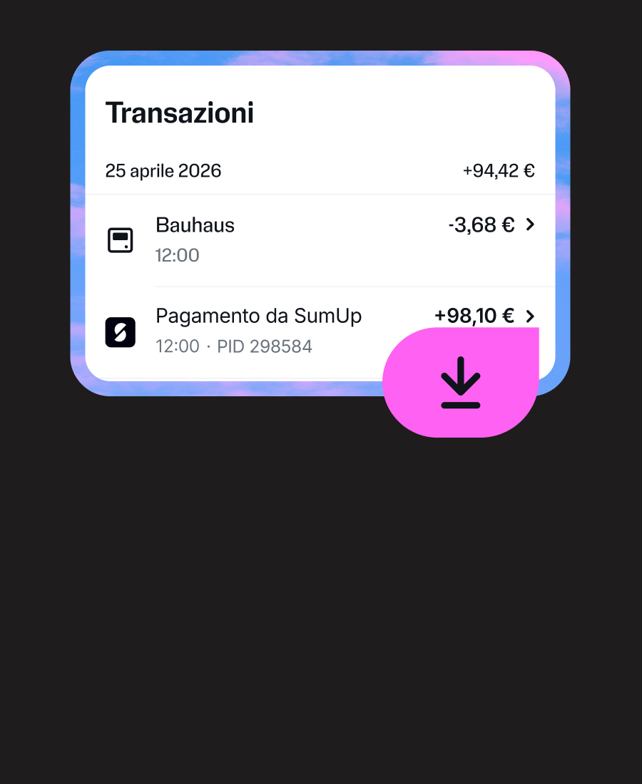 Image of a screen of the SumUp app showing outgoing transactions, surrounded by a pink and blue border