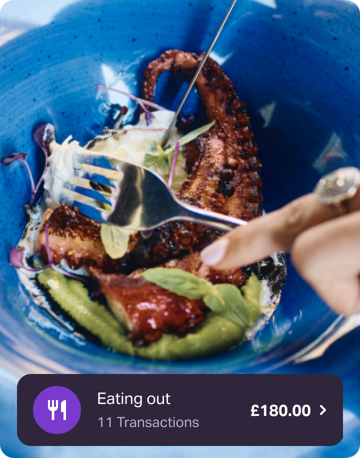 Blue bowl holding a plated octopus dish; SumUp Pay overlay below shows “Eating out” category with 11 transactions totalling £180.