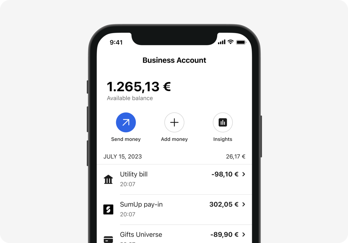 List of transactions in the free SumUp Business Account