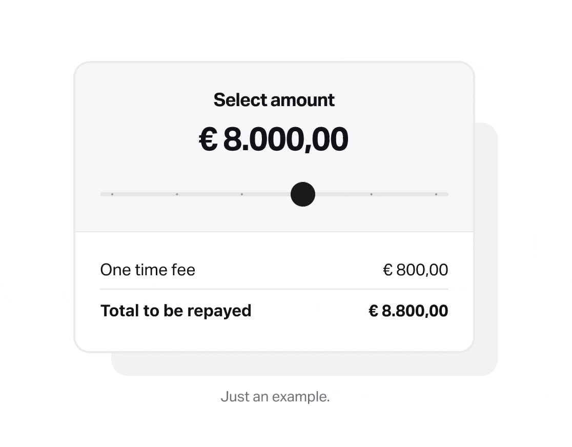 An animation that shows that the amount can be selected and there is only one time fee. For example, if the total amount is € 8.000, the one time fee could be € 800, with total to be repayed being € 8.800.