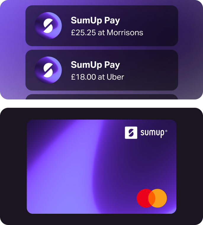 Two SumUp Pay purchase notificationsalongside the purple SumUp Pay virtual Mastercard.
