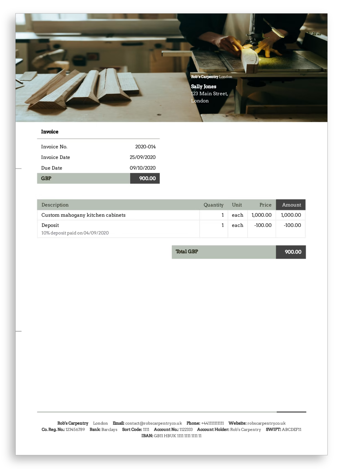 A sample carpenter invoice with all the required invoice fields and a customised design.
