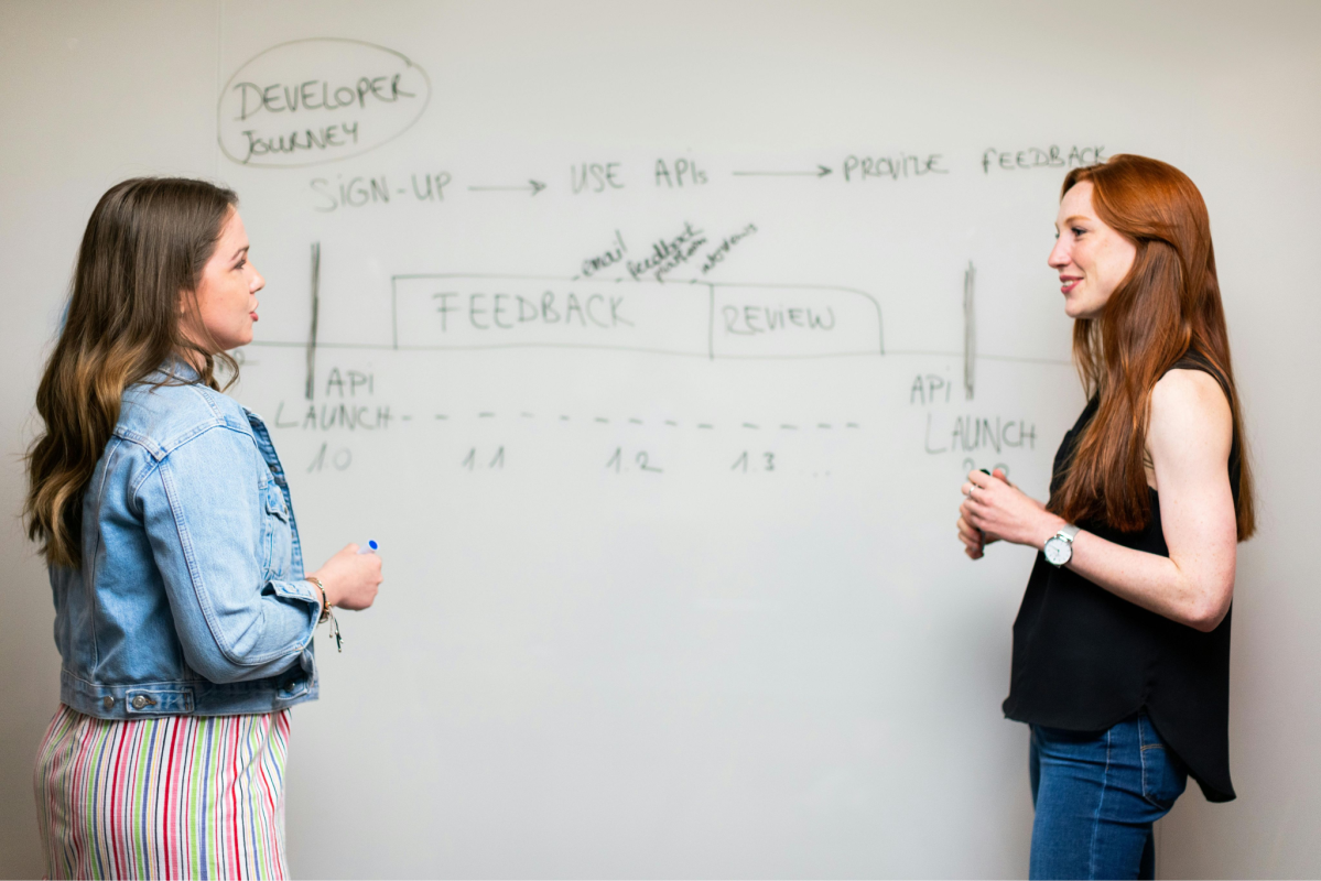 Zwei Frauen stehen vor einem Whiteboard und diskutieren