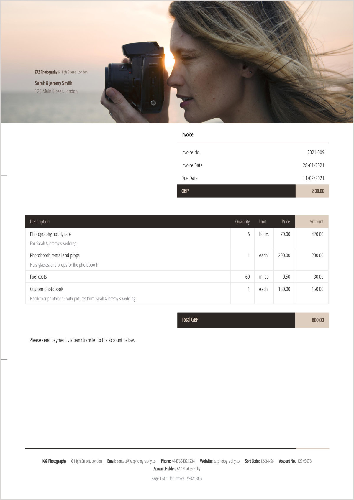 Photography invoice example