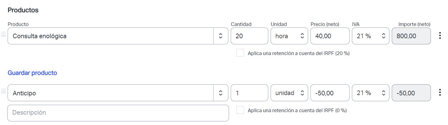 Cómo se factura un anticipo en una plantilla de factura?