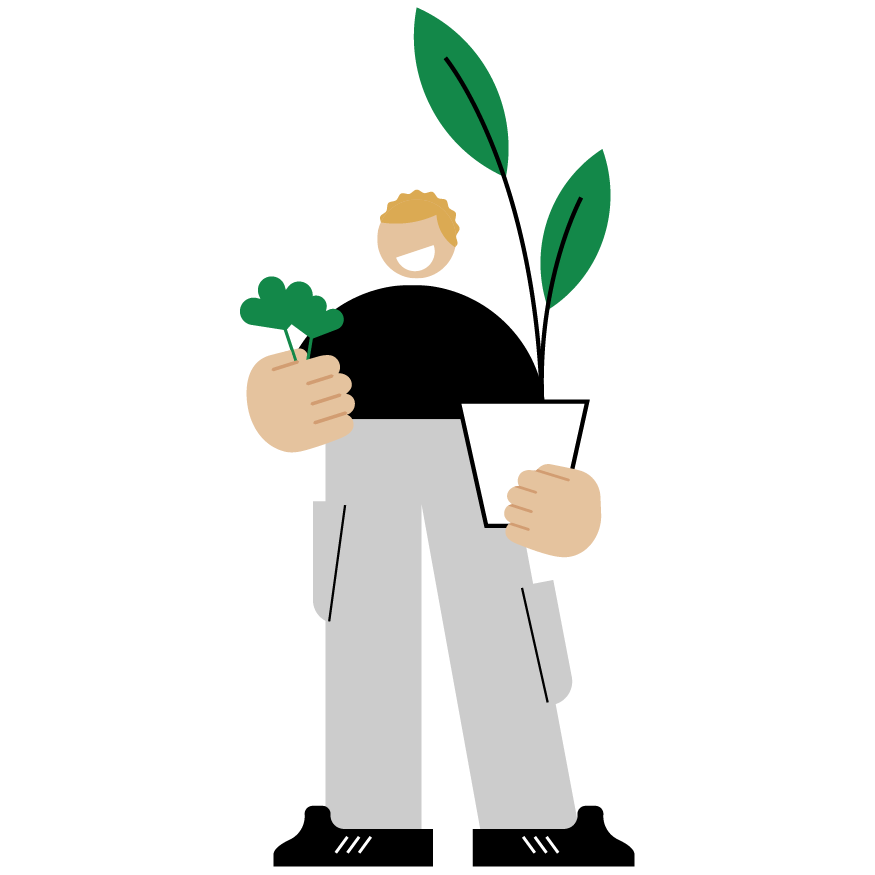 Na ilustração vemos o desenho de um jardineiro com um vaso de plantas na mão, representando que é fácil cobrar pelos serviços com o link de pagamento