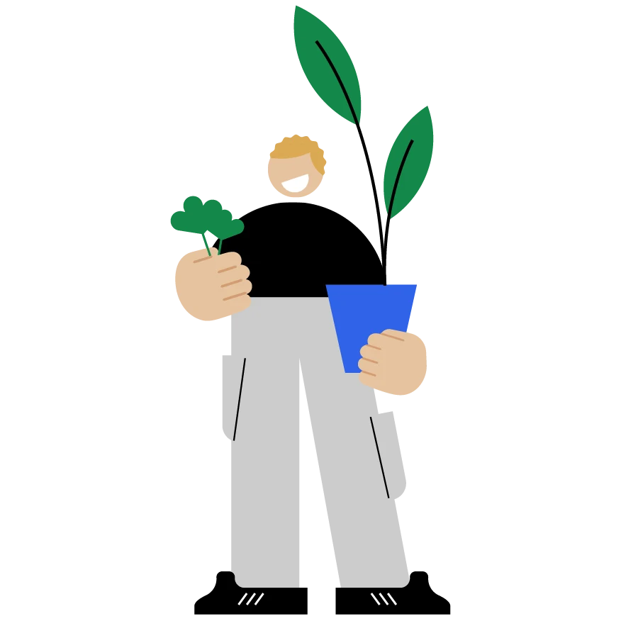 Na ilustração vemos o desenho de um jardineiro com um vaso de plantas na mão, representando que é fácil cobrar pelos serviços com o link de pagamento