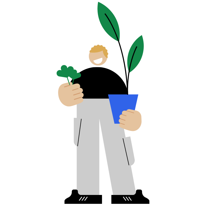 Na ilustração vemos o desenho de um jardineiro com um vaso de plantas na mão, representando que é fácil cobrar pelos serviços com o link de pagamento