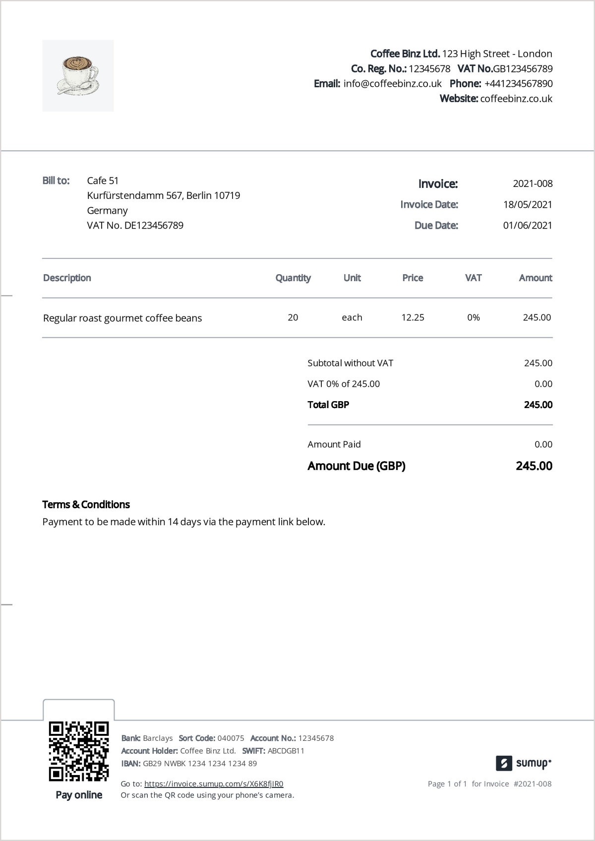 Example of a UK business invoicing to an EU business after Brexit. 