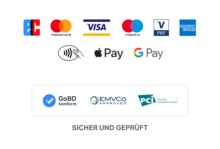 sumup 3g kartenterminal zahlungsmethoden: ec, mastercard, visa, maestro, vpay, american express, nfc, apple pay, google pay. GOBD konform, sicher und geprueft.
