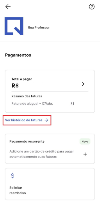 Histórico de faturas do inquilino no app