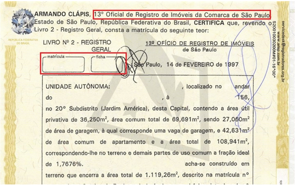 Exemplo de matrícula do imóvel
