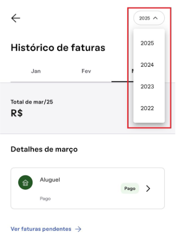 Histórico de faturas IQ por ano no app