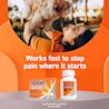 An advertisement for Motrin IB Liquid Gels pain reliever. The image shows a woman holding a dog and smiling. Text emphasizes fast pain relief.