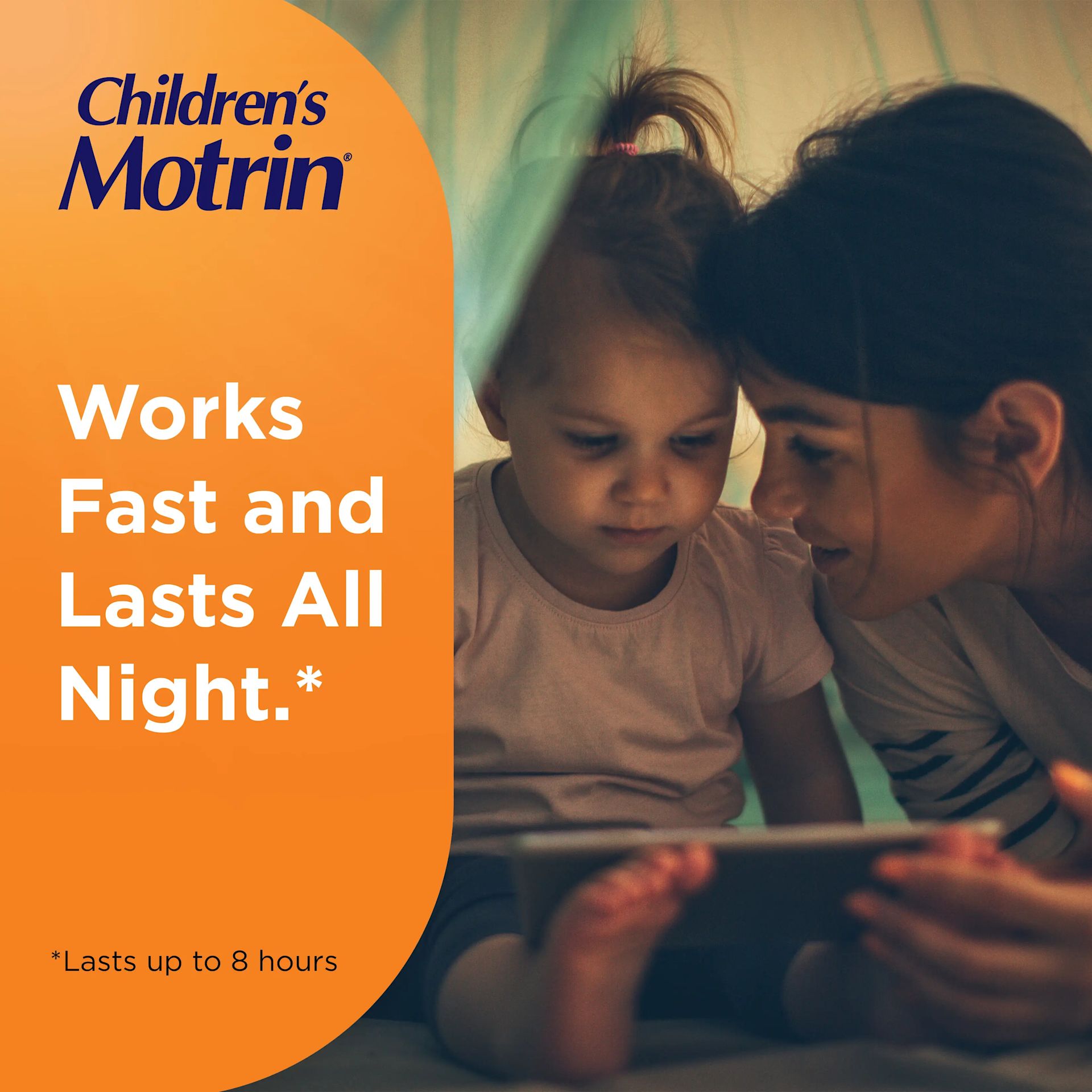 A mother taking her child's temperature, Children's Motrin liquid and bottle, tough on fever, works fast and lasts up to 8 hours.