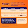 Infants’ Motrin Liquid Oral Suspensions dosage information for 6 to 23 months old. Doses vary by weight and age.