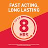 A graphic that says Fast Action, Long Lasting and shows that Motrin lasts for up to 8 hours.