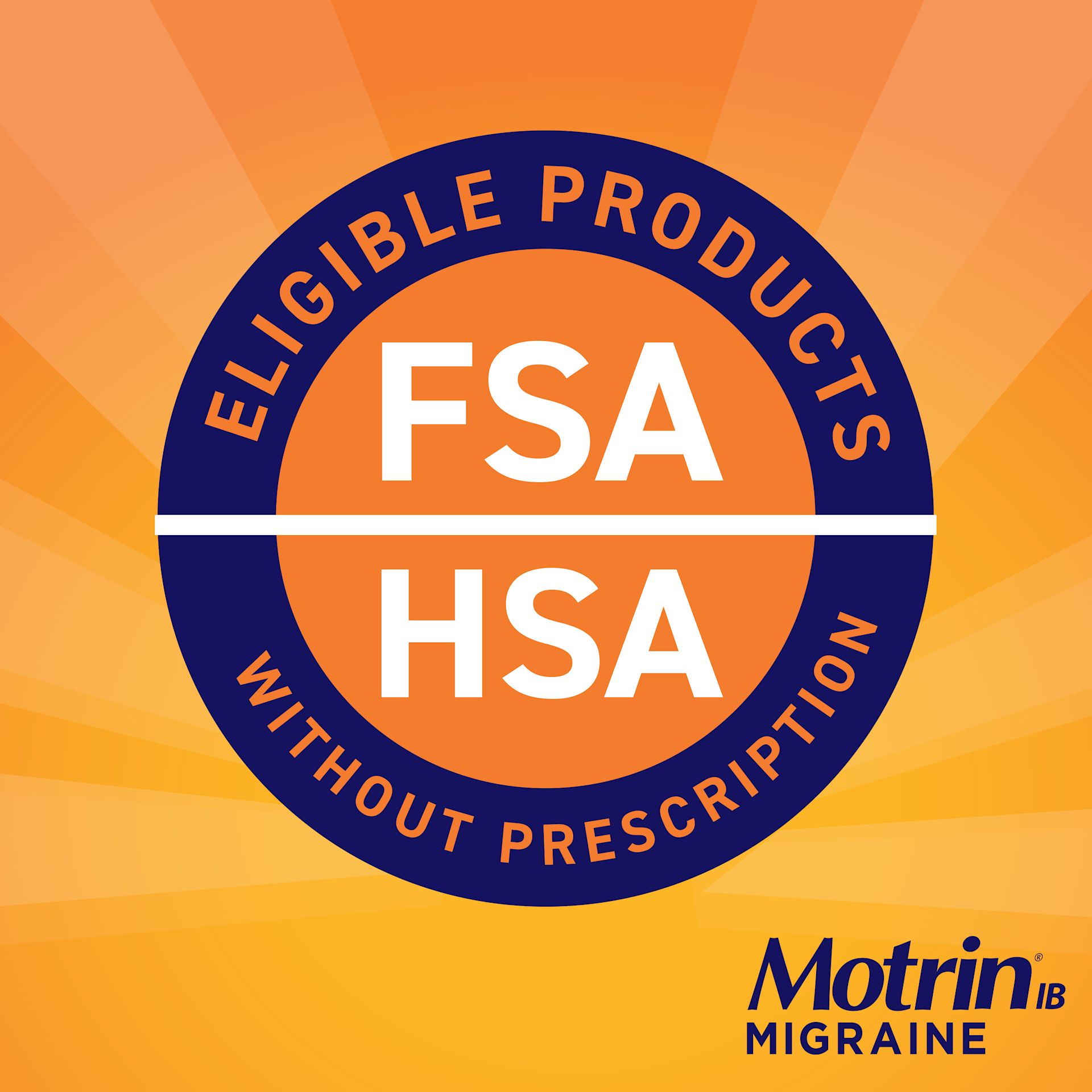 A graphic showing that Motrin Migraine is an eligible product for Flexible Spending Accounts (FSA) and Health Savings Accounts (HSA) without a prescription.